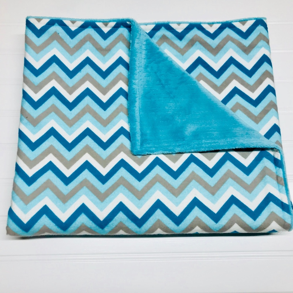 Aqua Chevron Flannel & Chenille Blanket - Picture 2 of 4